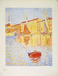 ポール・シニャック、【サン トロペの港 小舟と翻る旗】、年代物大判画集-